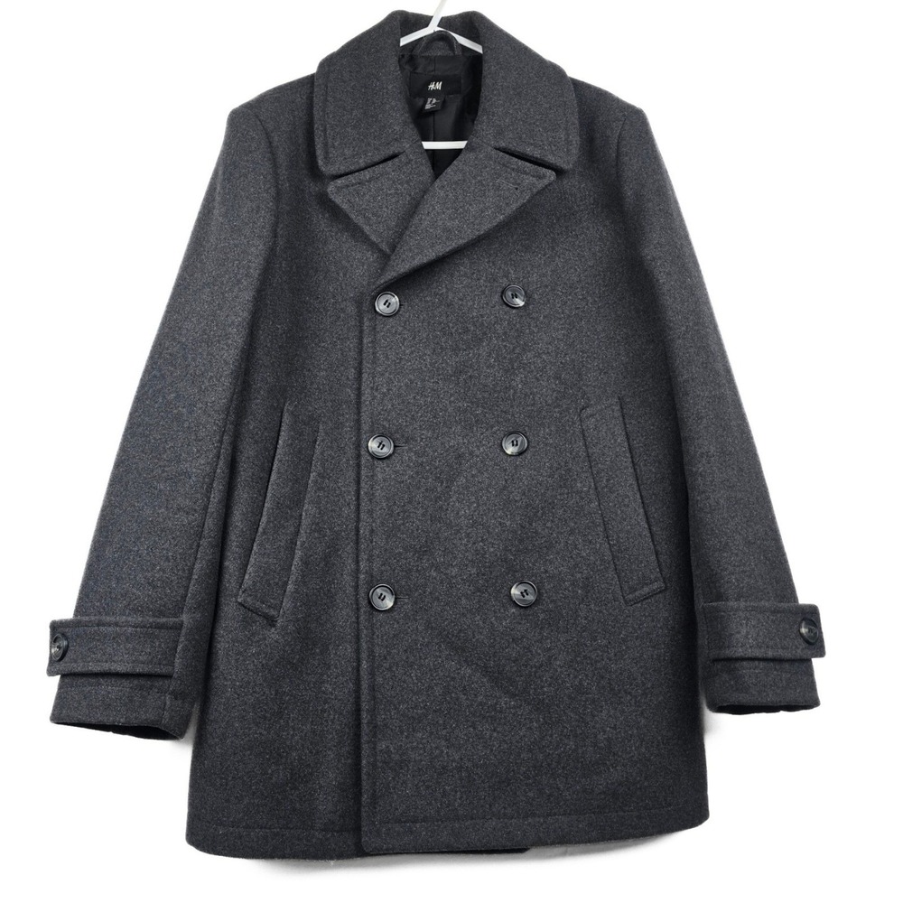 HM Mens Wool Blend Double Breasted Pea Coat Charcoal Gray 40R 0634825 8